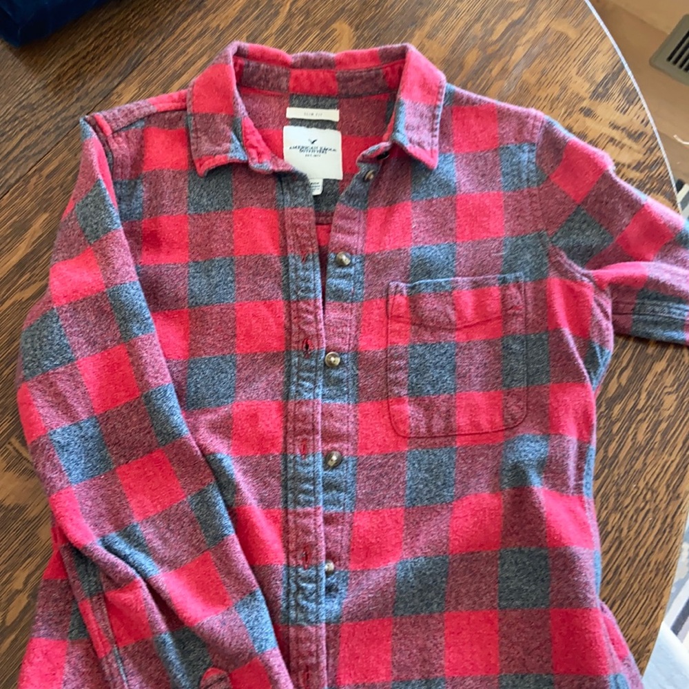 Red and grey plaid button up